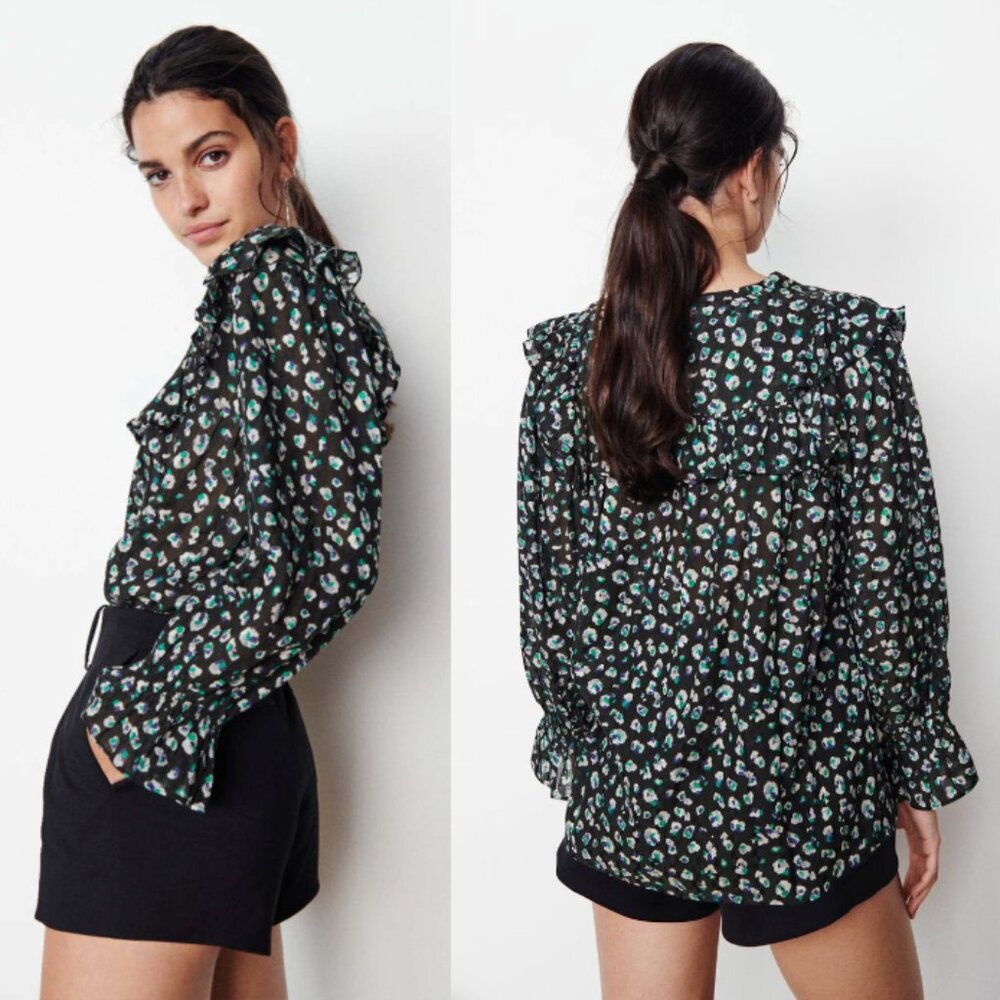 ba&sh Blake Blouse Ruffled Yoke Abstract Printed Long Sleeve Black Green Size M - Picture 2 of 9